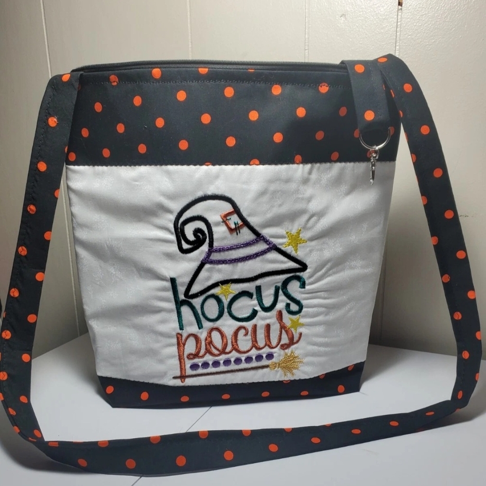 Hocus Pocus Themed Black and Orange Polka Dot Bag Handmade 14x14